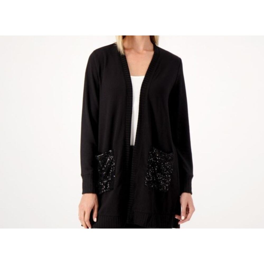 Jingle Belle Kim Gravel Black 1X Sequin Pocket Knit Duster A555486 NWOT